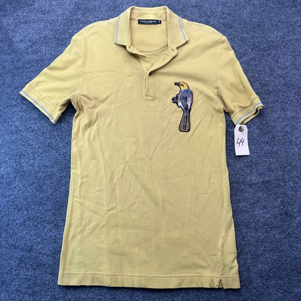 Dolce & Gabbana Polo Shirt Mens 44 Yellow Bird Embroidered Short Sleeve Popover